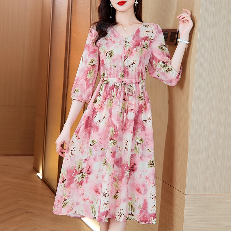 2025新款气质显瘦连衣裙女收腰中长款碎花裙子J2495