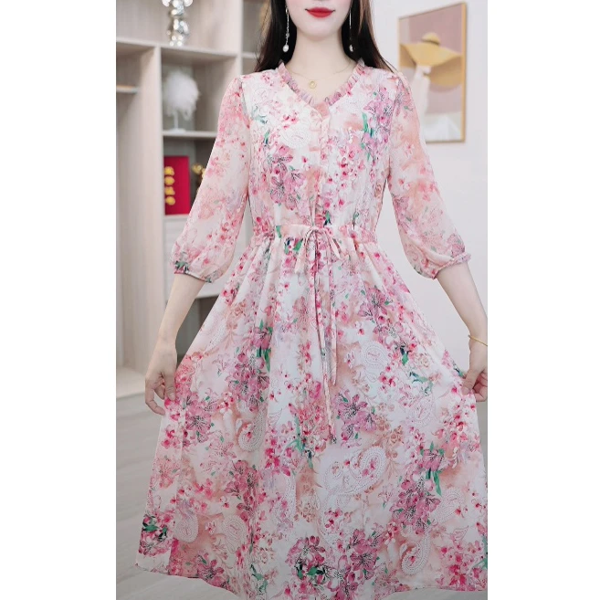 2025新款气质显瘦连衣裙女收腰中长款碎花裙子F2483