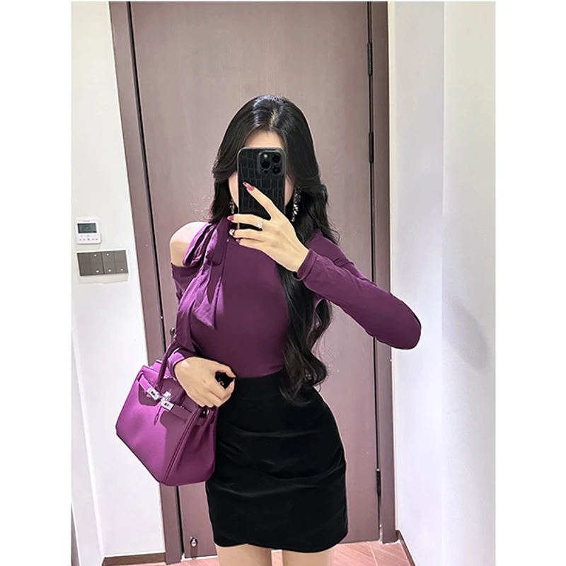 迈沃格秋季新款飘带露肩纯欲辣妹修身显瘦紧身长袖百搭上衣T恤女