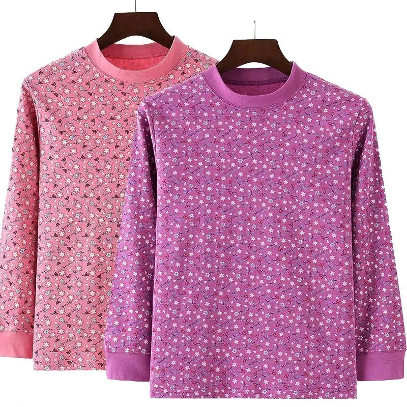 秋冬老年人纯棉秋衣秋裤女士中领宽松大码中厚棉毛衫薄款保暖内衣