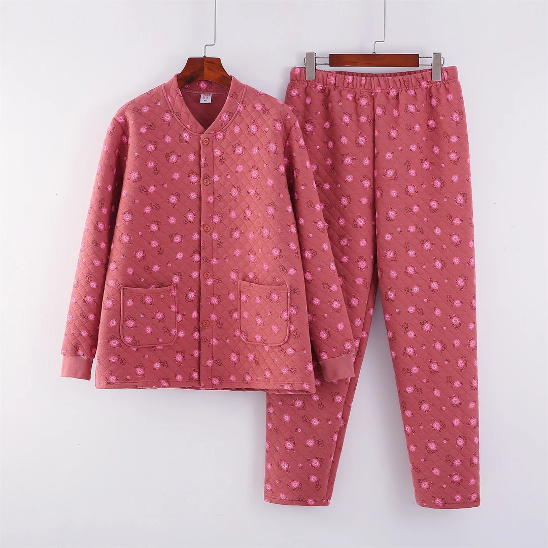 【女中老年三层夹棉开衫套装】保暖内衣秋季妈妈上衣大码加厚秋衣