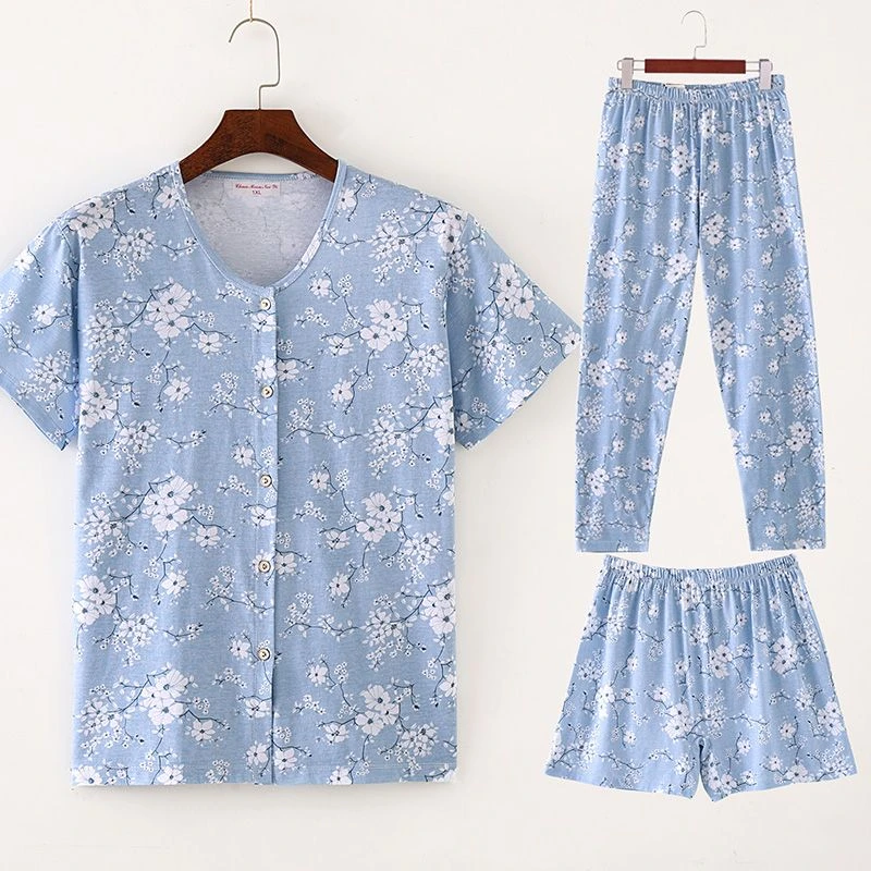 中老年纯棉短袖睡衣睡裤夏季薄款家居服三件套妈妈开衫对襟空调衫