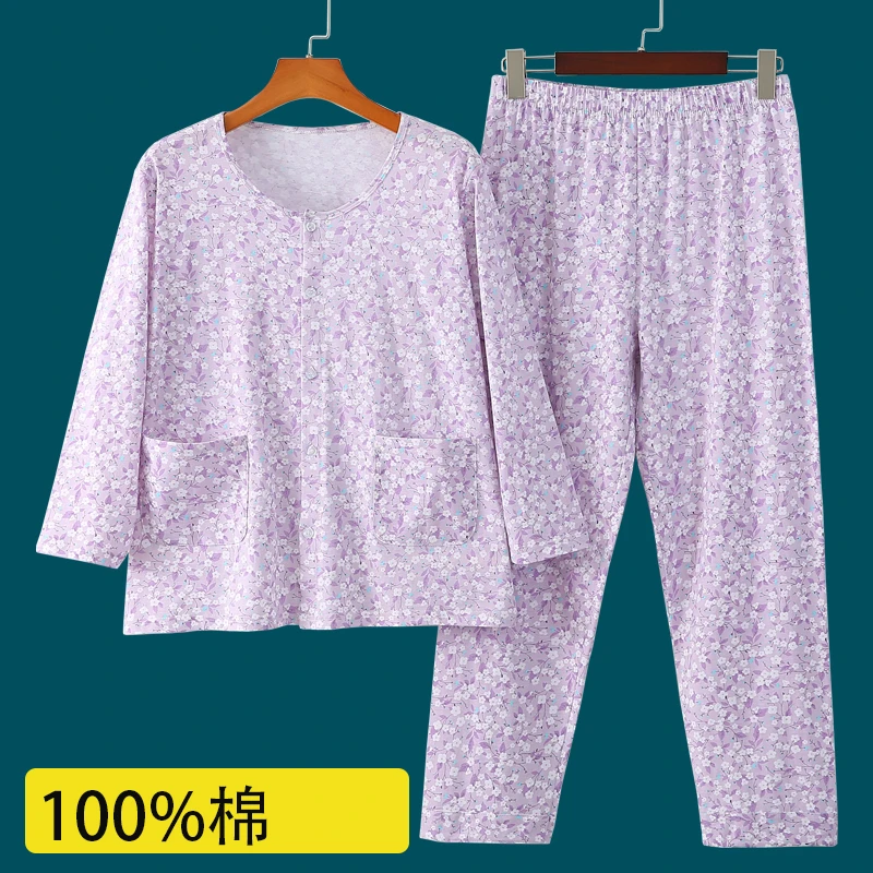 中老年睡衣女套装女士开衫薄款大码春夏家居服空调衫对襟全棉宽松