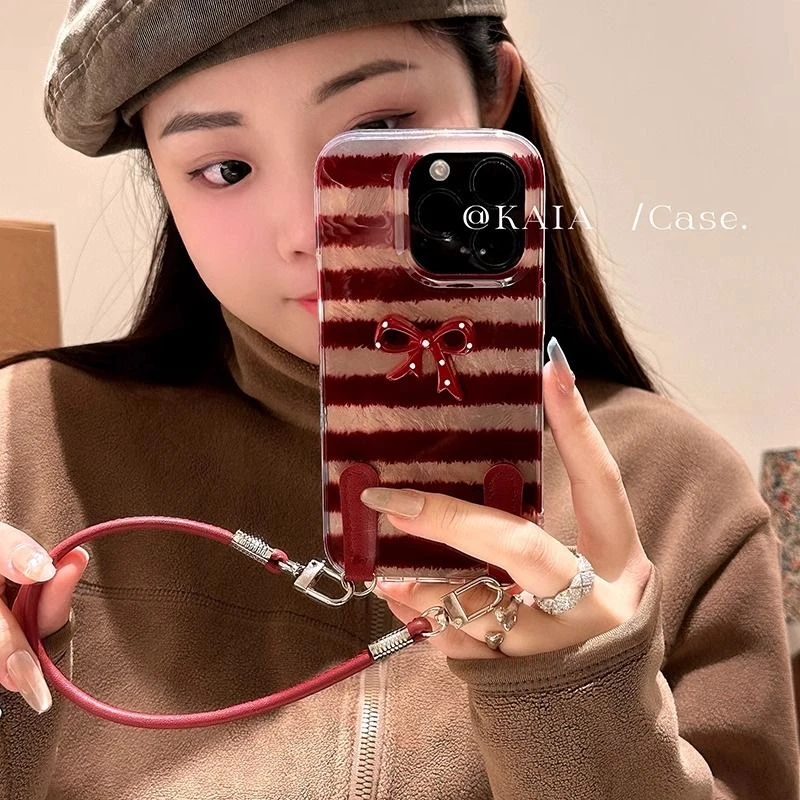 ins波点蝴蝶结适用苹果16promax手机壳可爱15pro1413冰川纹12女款