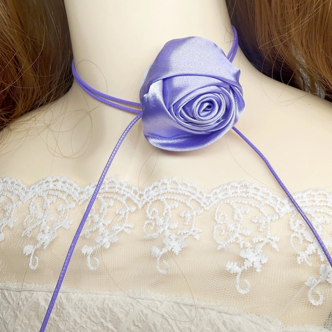 非金属布艺项链 简约玫瑰花纯欲精致脖子颈花手腕花丝绸项链绑带