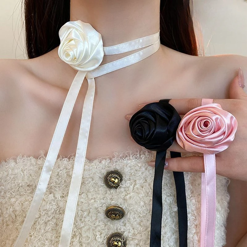 非金属布艺项链 法式氛围感玫瑰花朵项链一款多戴绑带颈链配饰女