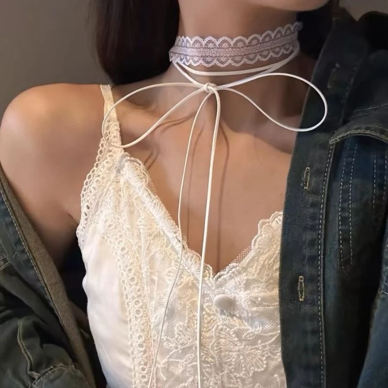 非金属布艺项链 蕾丝飘带层次感一款多带时尚百搭精致锁骨链颈链