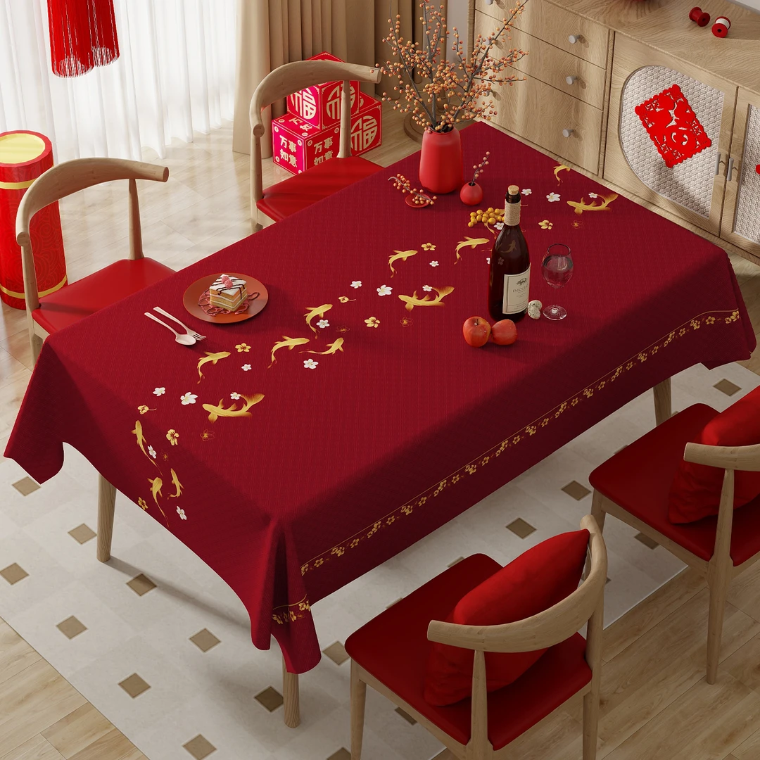 本知金鱼送福桌布防水防油防烫免洗桌垫耐高温餐桌大红新中式喜庆