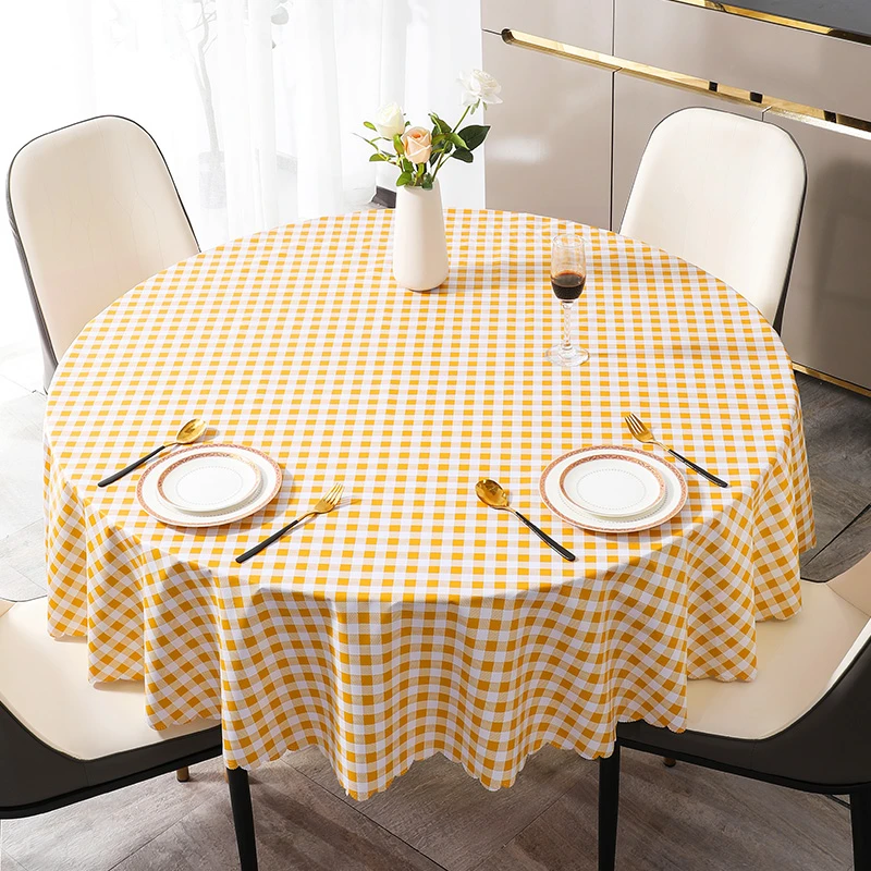 本知橙色小格防水防油免洗防烫大圆桌圆形酒店餐桌布格子家用简约