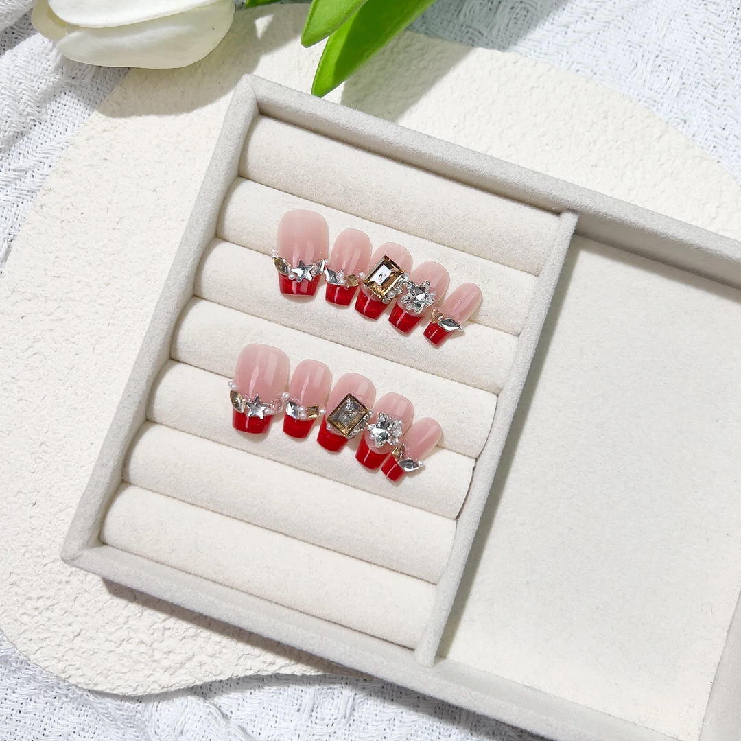 红宝石谜团-手工穿戴甲渐变法式爆闪香槟色方形钻美甲甲片轻奢