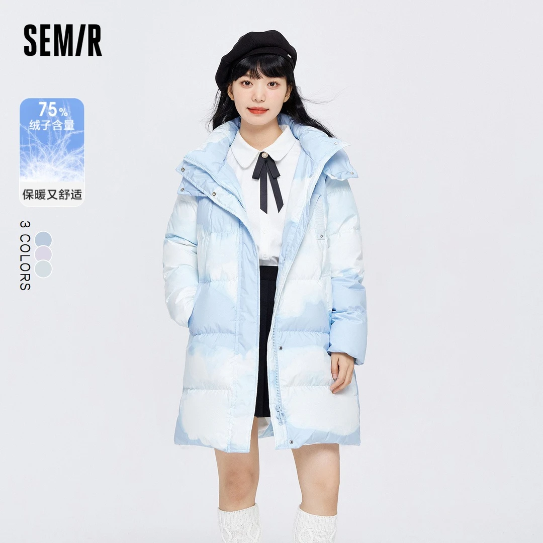 【蓝天白云羽绒】森马女羽绒服中长款保暖连帽厚款宽松休闲加厚印花