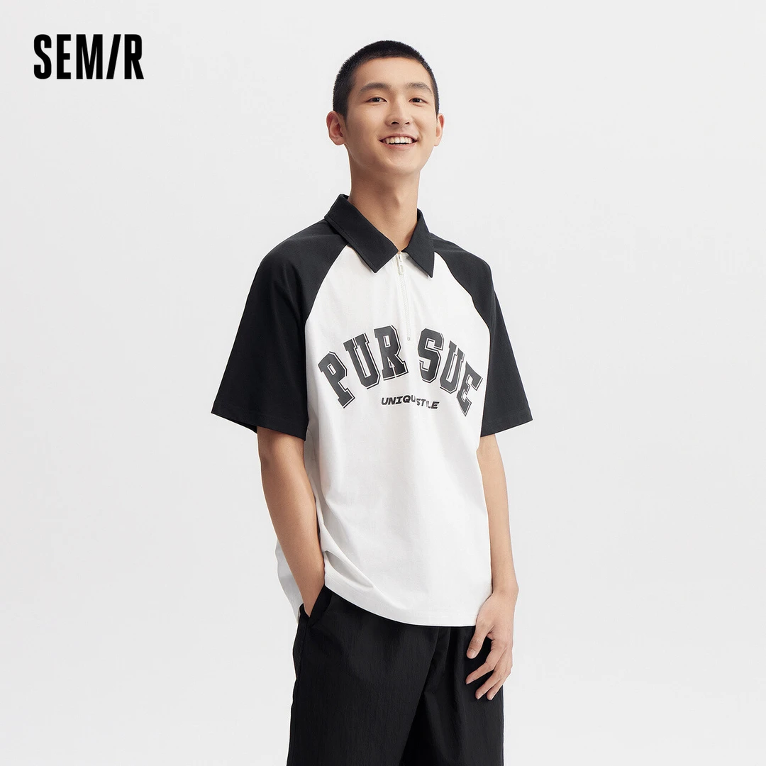 森马POLO衫男夏季新款时尚撞色插肩袖短袖上衣美式复古学院风t恤