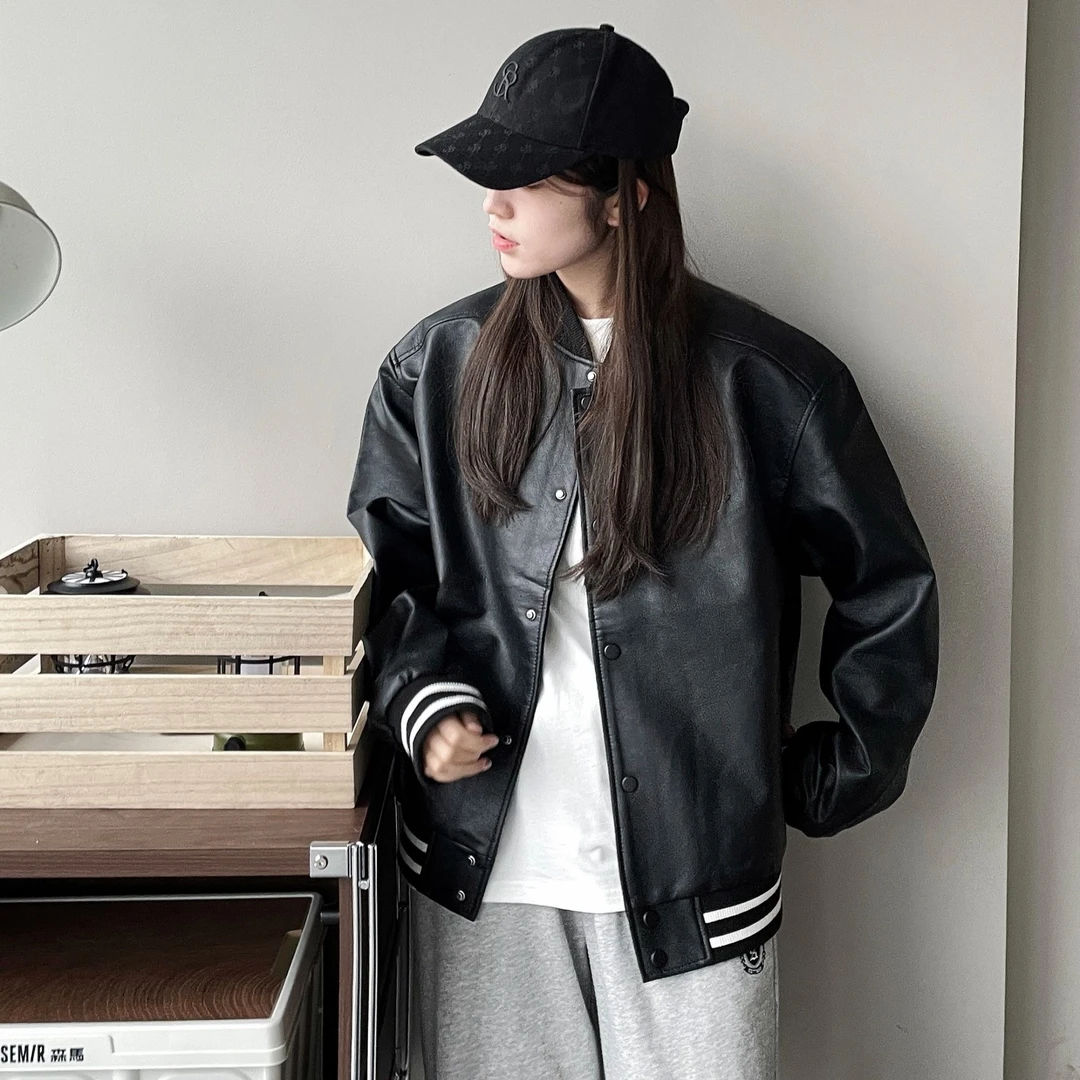 【卡布奇诺皮质】森马夹克品质PU仿皮复古棒球服潮流撞色机车风外套