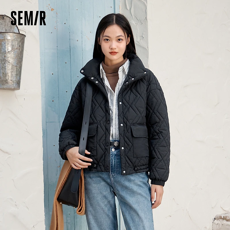森马棉服女立领宽松外套女士慵懒风冬质感菱形格棉衣时尚休闲百搭