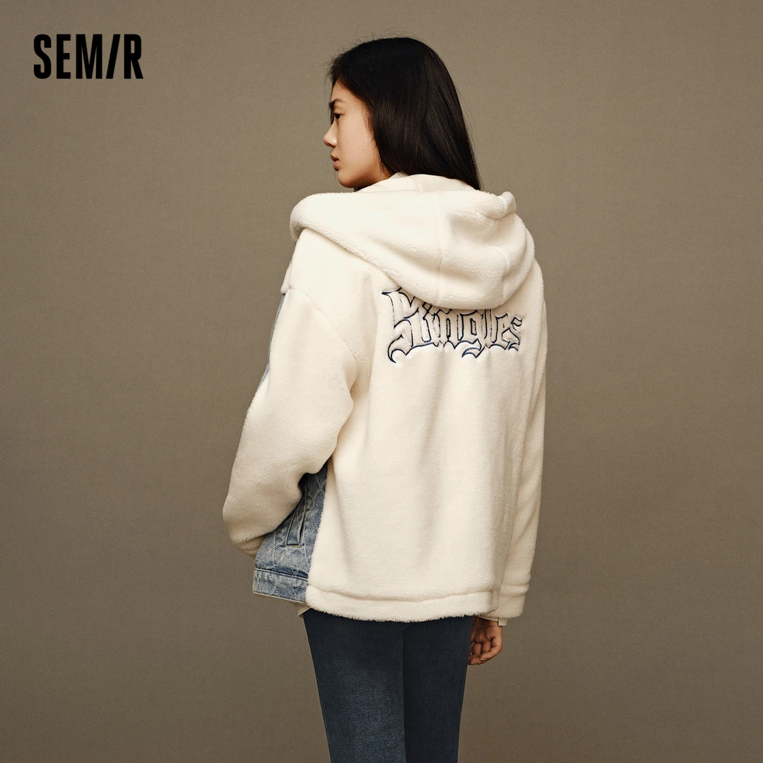 【商场同款】森马牛仔外套情侣连帽仿羊羔毛冬新款夹棉夹克宽松