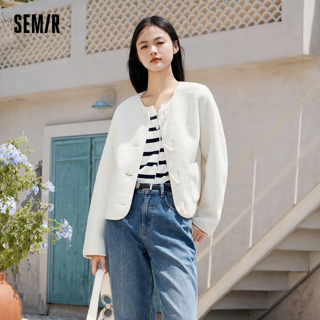 【商场同款】森马外套女短款牛角扣新款冬仿羊羔毛仿麂皮夹克