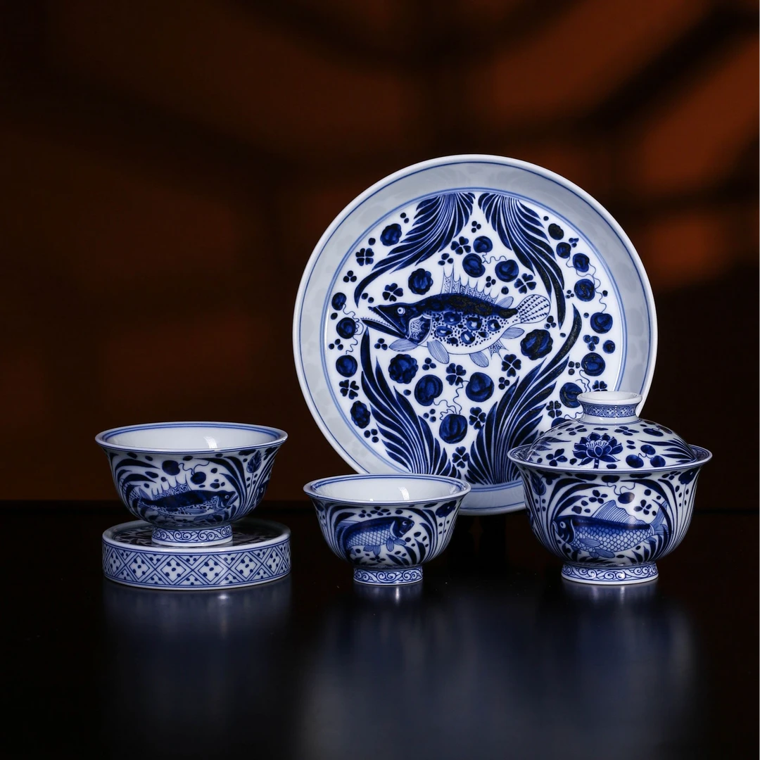 景德镇陶瓷青花瓷青仿元鱼藻纹茶具套装家用高端茶器送礼中式国风