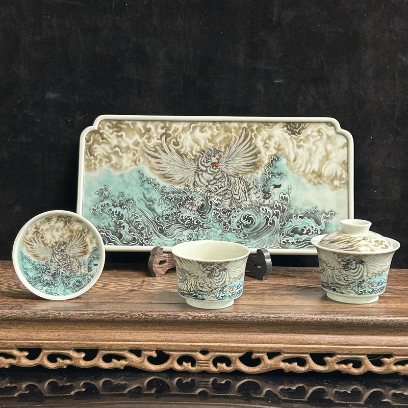 景德镇陶瓷粉彩瓷如虎添翼茶盘茶器套装中式高端茶具家用送礼