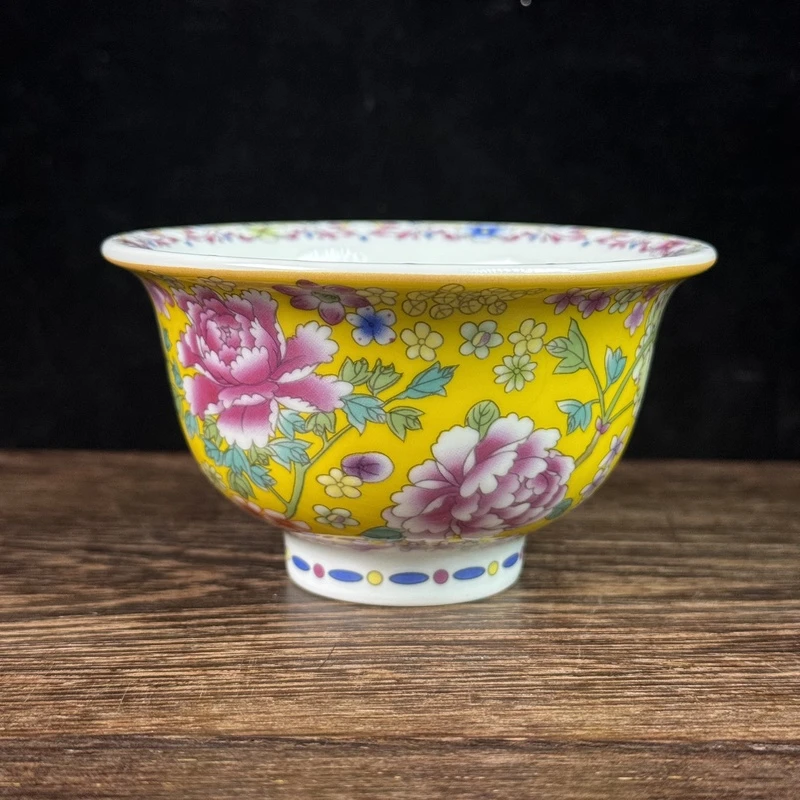 景德镇陶瓷粉彩瓷珐琅彩黄底万花压手杯炉石杯马蹄杯客杯品茗杯