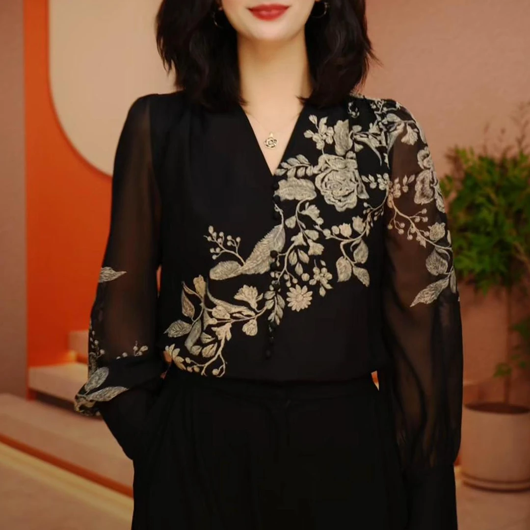 新款琉璃宽松显瘦时尚显瘦透气洋气百搭优雅轻奢气质印花上衣小衫