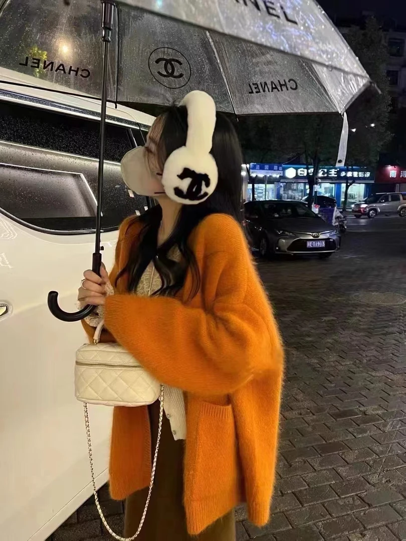 长毛水貂绒毛衣针织开衫女秋冬韩版V领慵懒风宽松加厚外套中长款