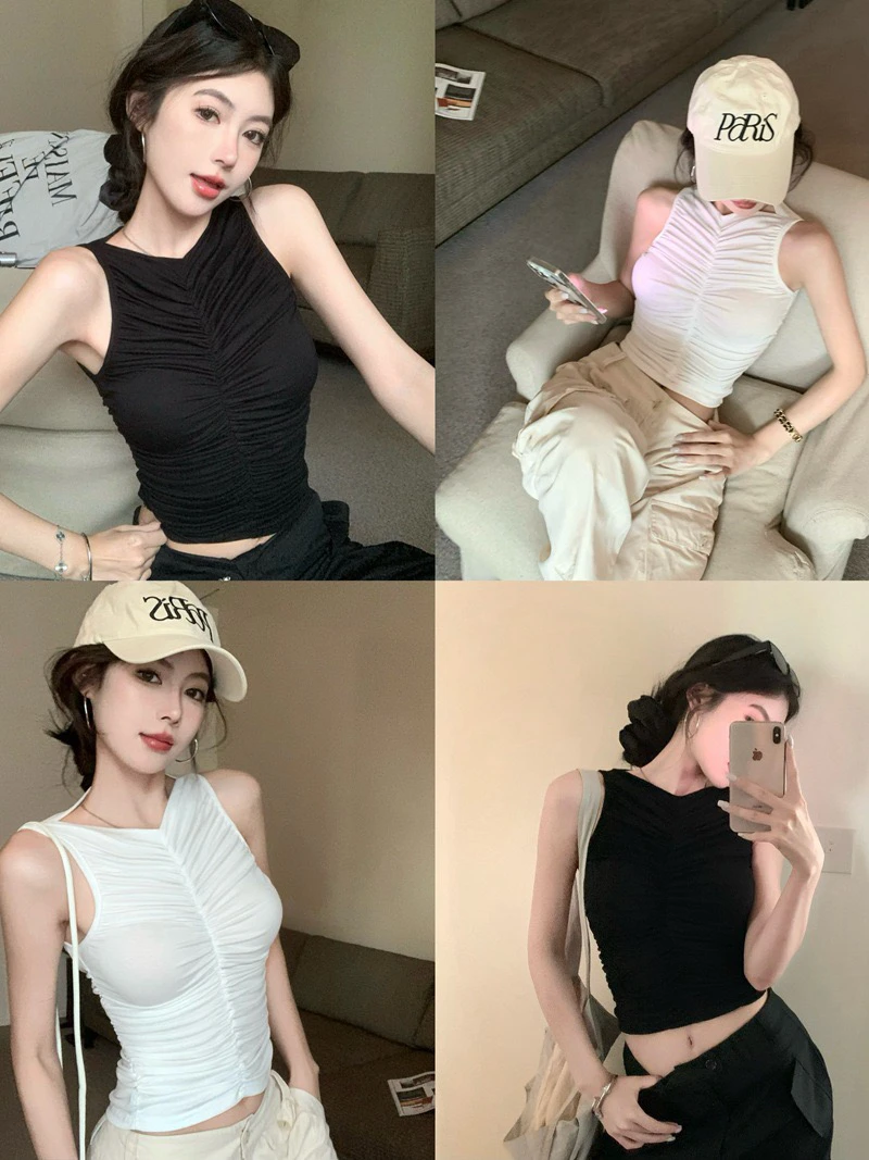 设计感辣妹修身显瘦高弹冰丝背心女外穿夏季短款露脐褶皱无袖上衣