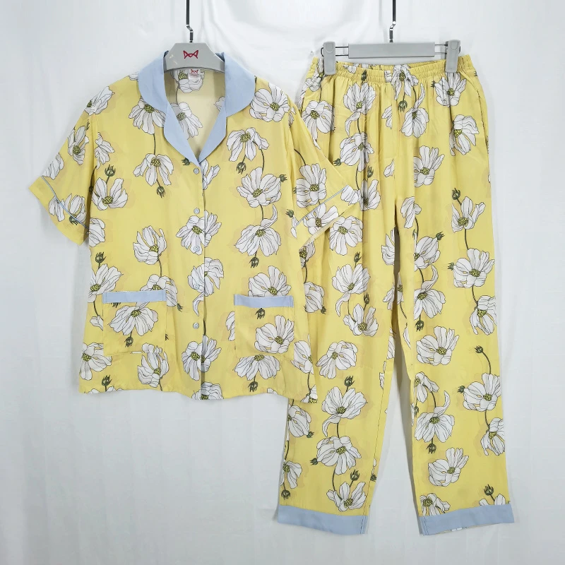 J076【工厂直销】女士梭织印花短袖长裤夏季薄款睡衣家居服春夏大码