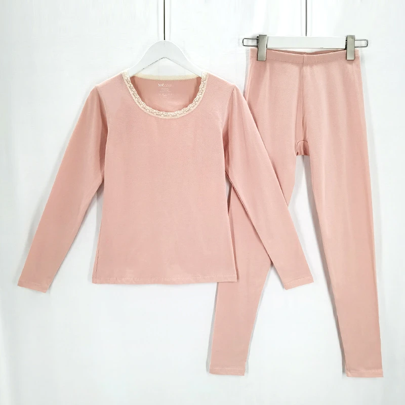 N055【工厂直销】女士保暖内衣弹力棉花边领秋衣秋裤套装小码圆领