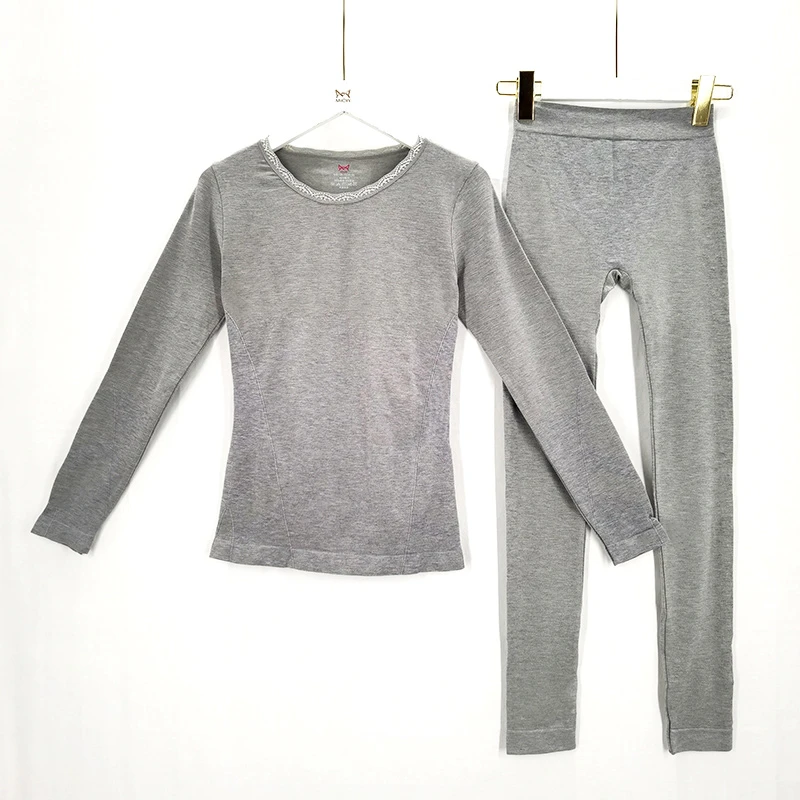 N098【工厂直销】女士彩棉美体保暖套装刺绣花边领修身女套