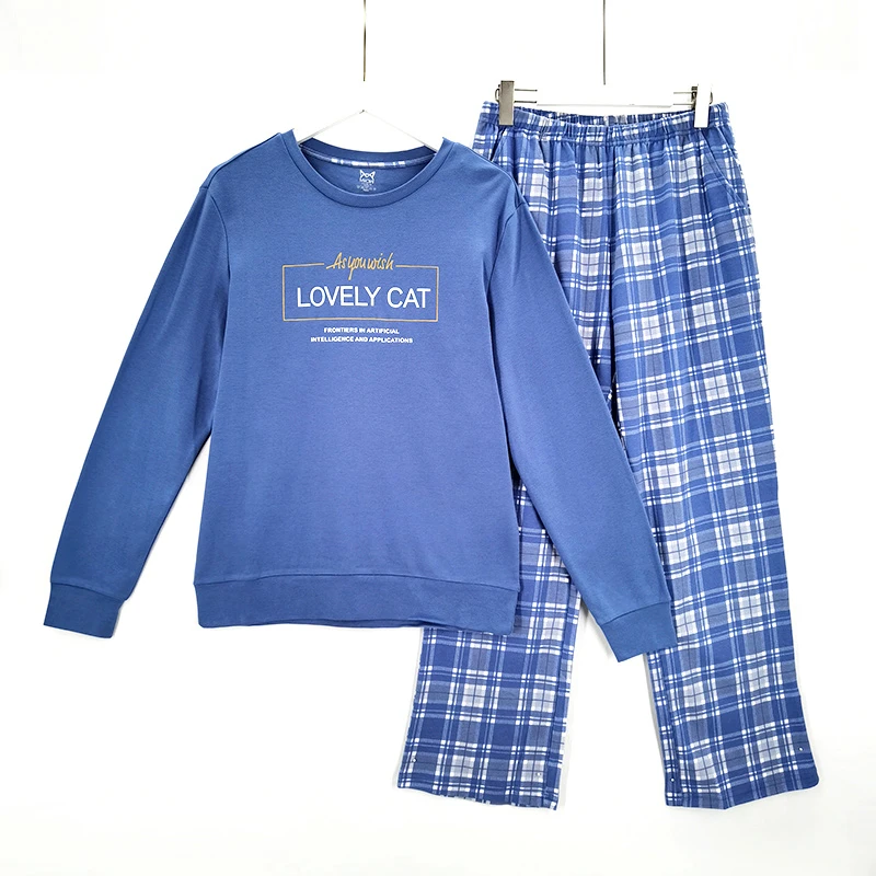 J153【工厂直销】男士圆领长裤套头睡衣全棉睡衣时尚男款薄款两件套