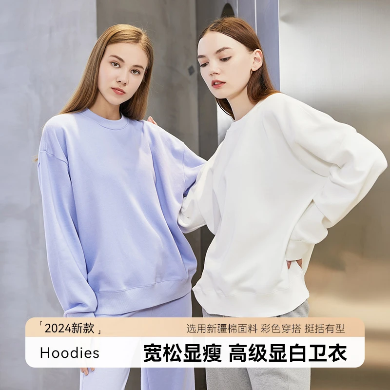 Y006【工厂直销】女士圆领加绒卫衣宽松休闲户外百搭简约春季秋冬