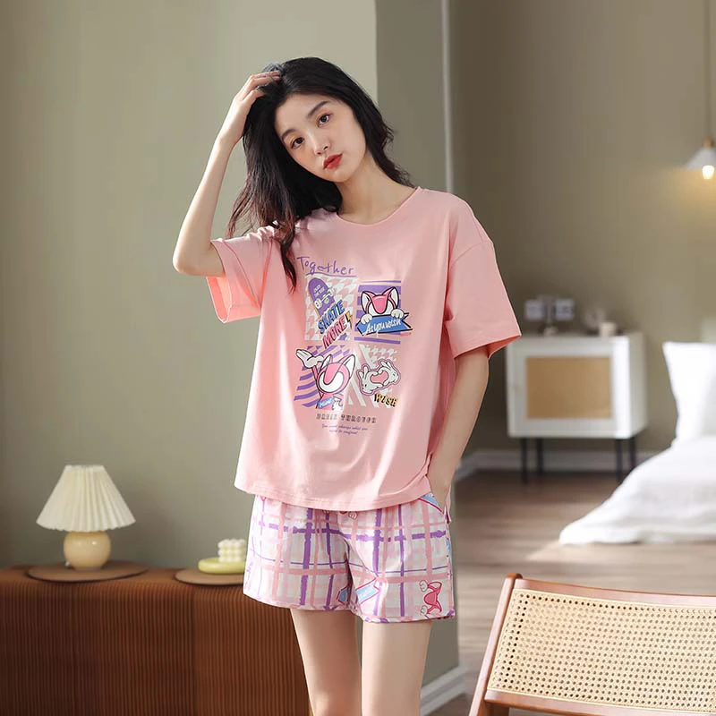 J023【工厂直销】女士印花薄款春夏可爱短袖短裤棉睡衣家居服套装