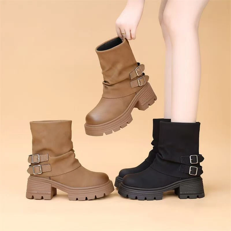 短筒粗跟美拉德炸街堆堆靴女2024秋冬新款真皮洋气褶皱增高裤管靴