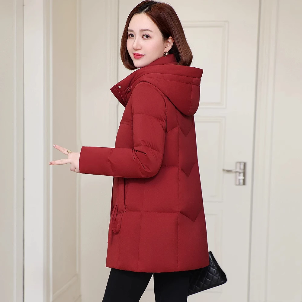 红色羽绒服女2025年新款冬季爆款妈妈中长款显瘦中年女士鸭绒外套