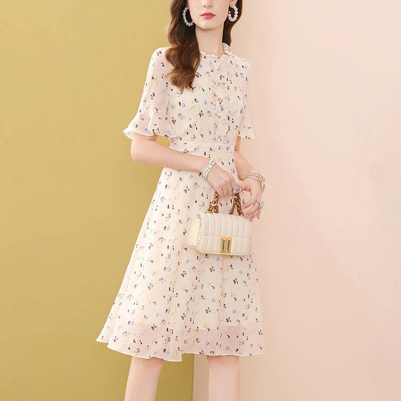 2025新款温柔风修身显瘦百搭夏季法式气质碎花雪纺连衣裙女夏季