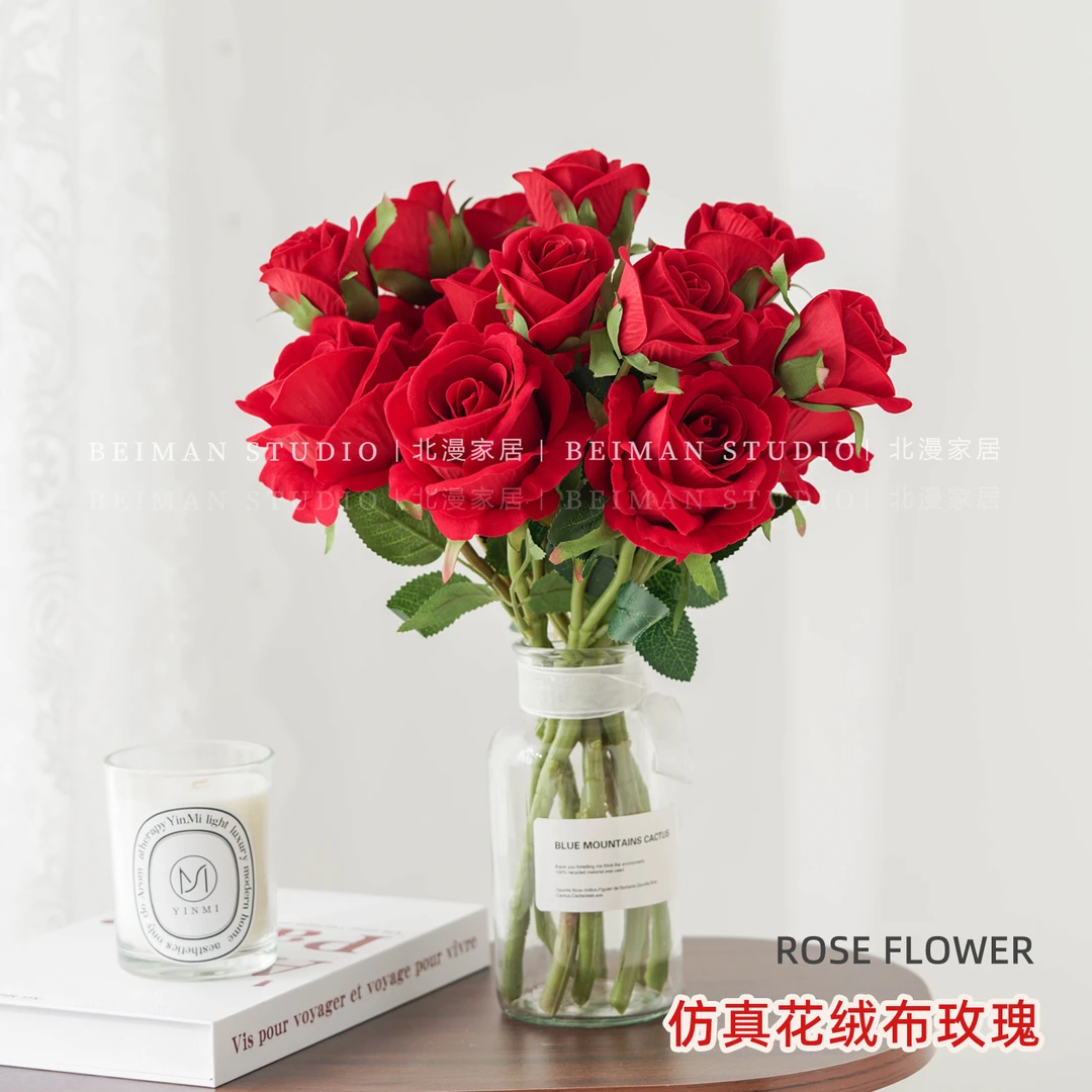 假花高级感仿真花高档绒玫瑰单支绒布红玫瑰情人节玫瑰花家居装饰