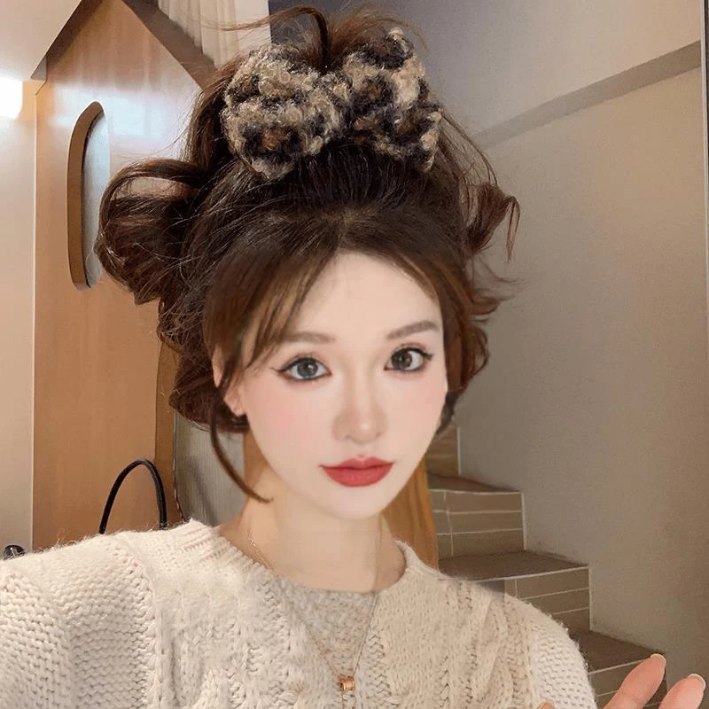 秋冬豹纹毛绒蝴蝶结丸子头抓夹女后脑勺气质盘发夹高马尾固定发卡