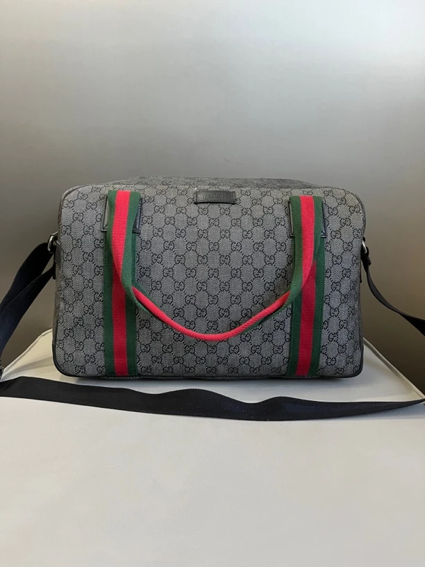 95新 GUCCI/古驰 97新灰色经典老花双g logo红绿条纹旅行袋