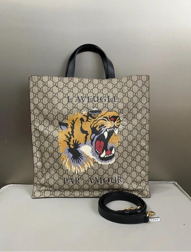 95新 GUCCI/古驰 古驰虎头印花托特手提包斜挎包单肩包男包