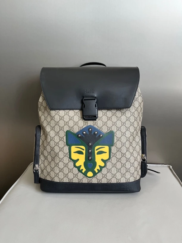 95新 GUCCI/古驰 棕老花拼皮限量翻盖抽绳双肩包背包zp004