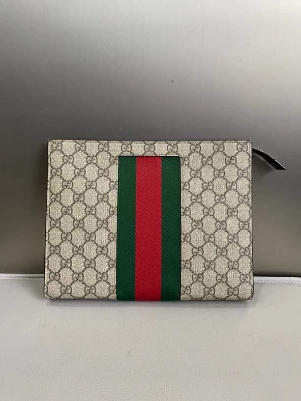 99新 GUCCI/古驰 经典Ophidia棕花红绿条纹手拿包洗漱包hws062