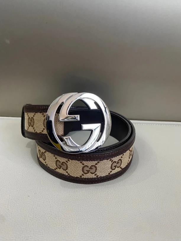 95新 GUCCI/古驰 双G银扣棕花拼皮85码腰带皮带tt009