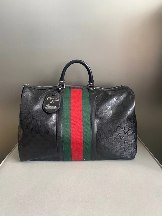 95新 GUCCI/古驰 水晶pvc红绿条纹旅行袋健身包手提单肩