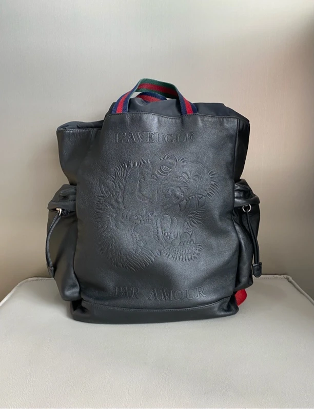 95新 GUCCI/古驰 黑色全皮双肩包背包书包男士百搭时尚潮流休闲包