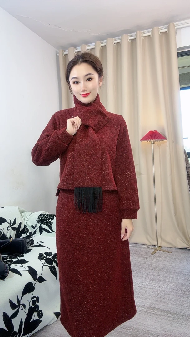 【上衣+裙子+围巾】整套双层再加绒加厚新款显瘦遮肉气质洋气连衣裙
