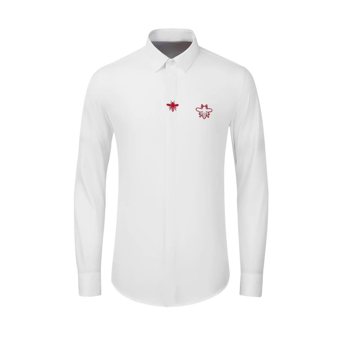 红色小蜜蜂刺绣免烫衬衫男秋冬新款男士修身帅气百搭轻奢长袖衬衣