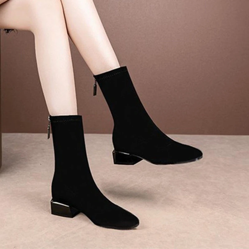 爆款网红黑色绒面中筒弹力靴平底瘦瘦靴百搭低跟加绒粗跟短靴女鞋