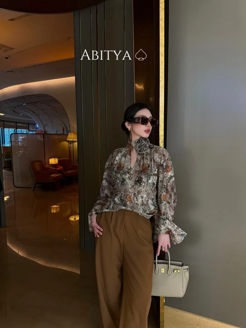 【RZ】时尚气质花朵长袖复古衬衫