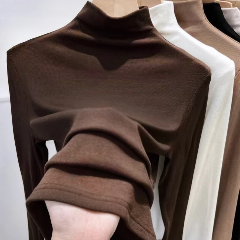 半高领打底衫女2024秋季新款纯色内搭加绒加厚美拉德双面德绒上衣