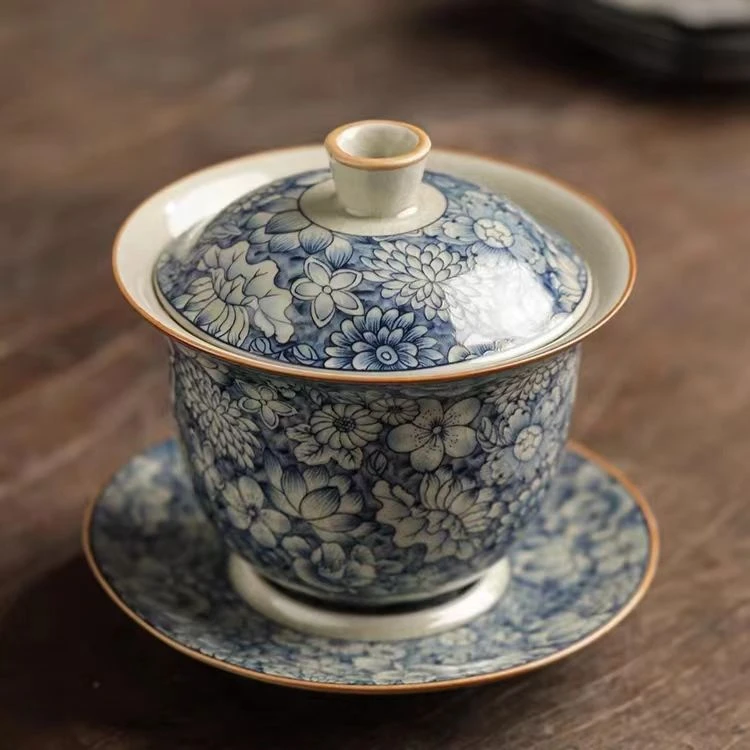 青花盖碗珐琅彩盖碗高档汝窑茶具复古青花老陶泥功夫茶具陶瓷家用